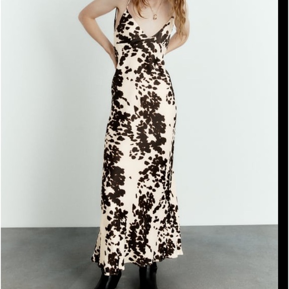 ZARA cow print satin midi long dress silky v neckline satin effect Med - Picture 2 of 6